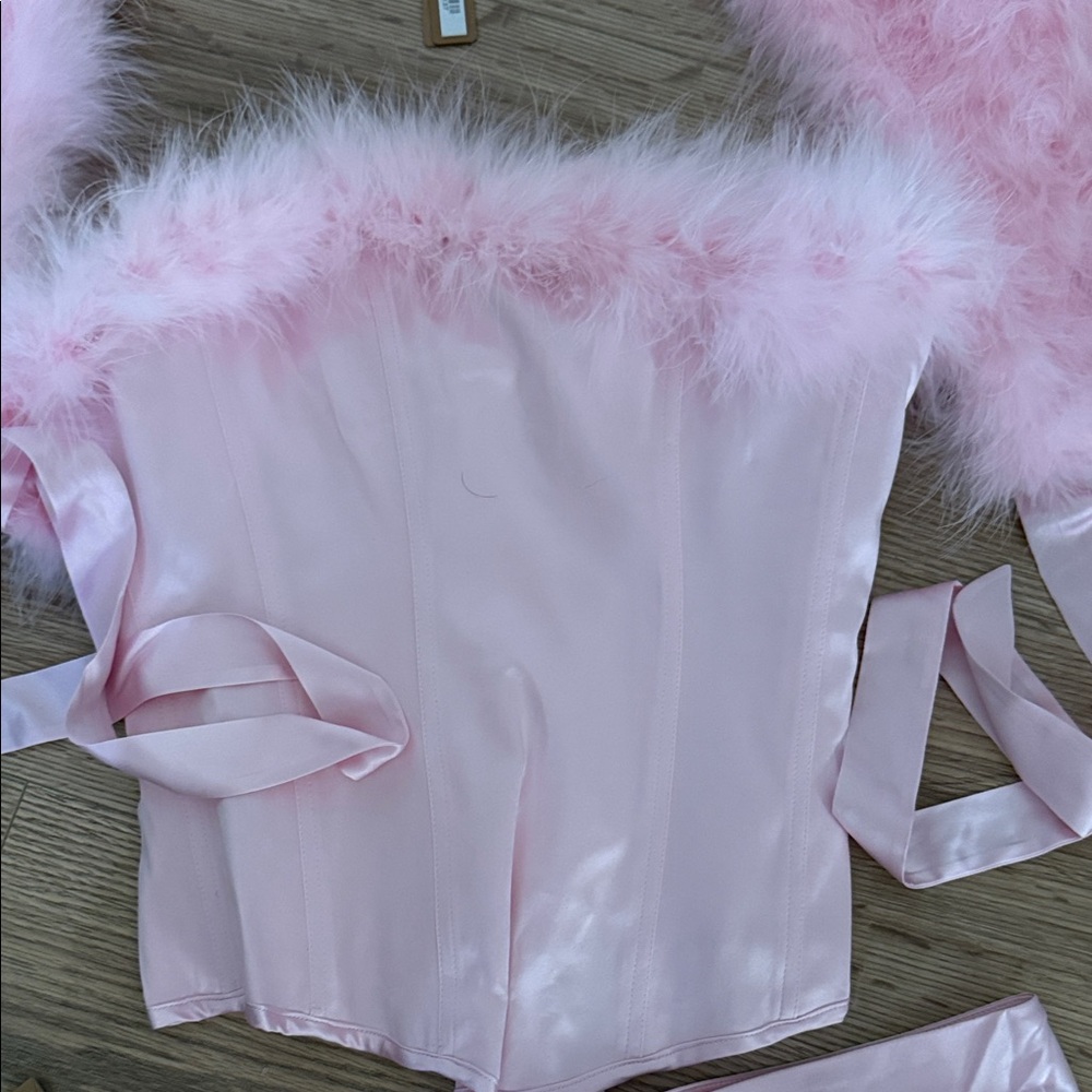 SKIMS Pink Satin Marabou Trim Bustier Set - Picture 6 of 8